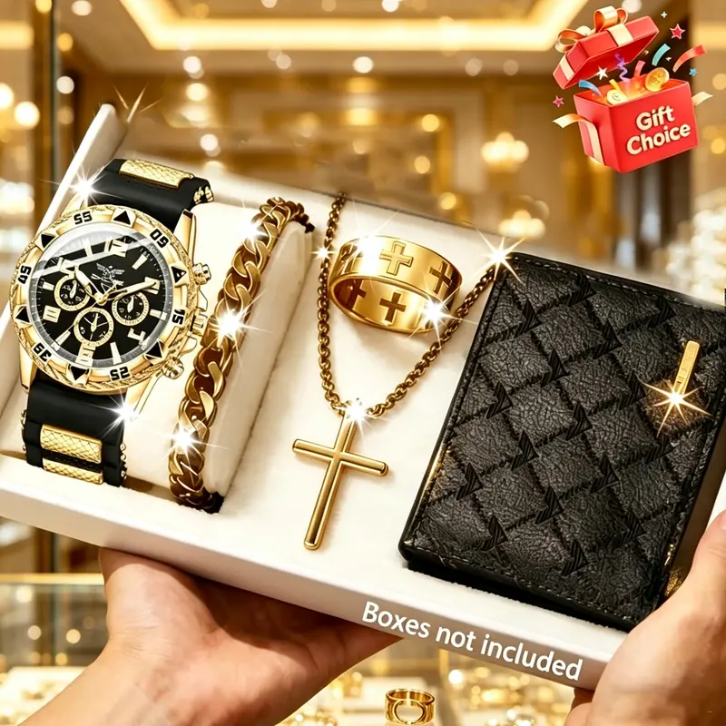 5pcs Men's Fashionable Jewellery Gift Set, Quartz Watch, Cross Pendant Jewelry, Wallet Combo, Trendy Jewelry Set, Accessory Set, Ideal Gift for Holidays, Daily Wear, Commute