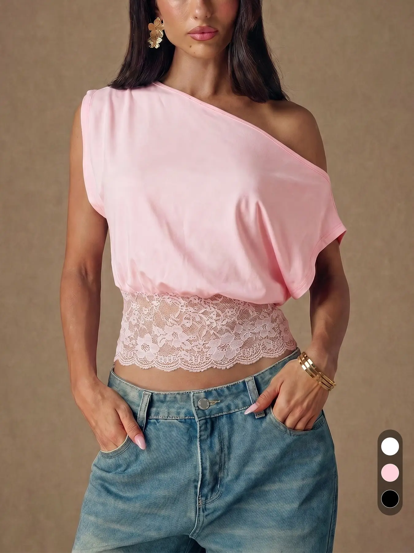 Women's Summer Cap Sleeve off the Shoulder Lace Top, Asymmetrical Dolman Tee, Boat Neck T Shirt, Sexy Fitted Sleeveless T-Shirt, Chic, Off the Shoulder Shirts