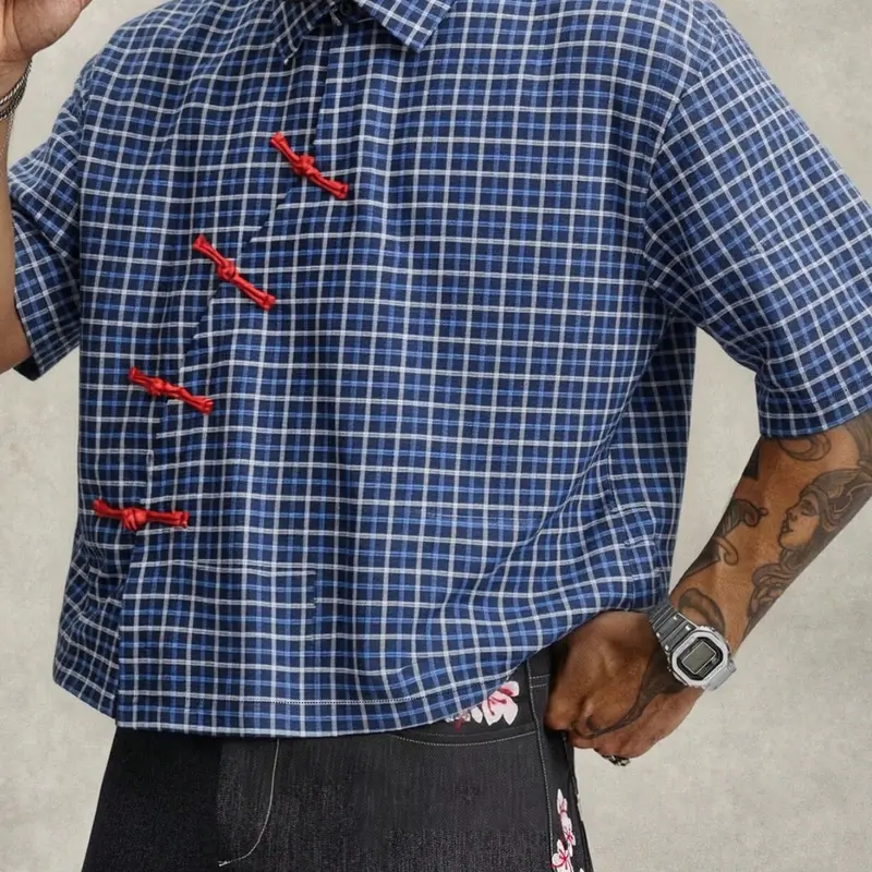 Summer Men's Blue Plaid Short Sleeve Loose Fit Shirt, Traditional Chinese Style, Button Front, Retro Fashion, Essential for New Chinese Streetwear Lovers