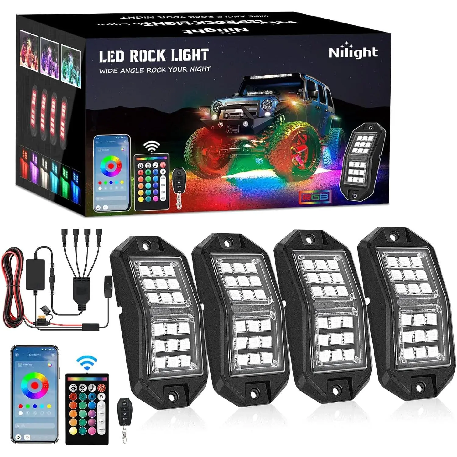 Nilight RGB LED Rock Lights Kit, 4 PCS 18LED Wide Angle Beam RGB LED Lighting with Remote & Bluetooth App Dual Control Multi Modes Underglow Neon Pod for ATV, Offroad Trucks, Boats Multifunctional Car Led