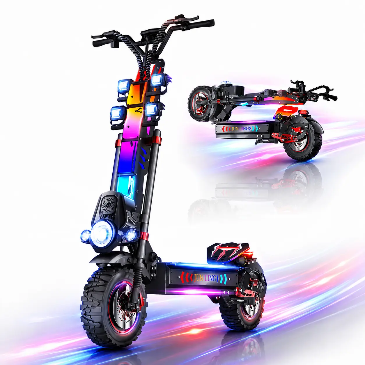 JL86Pro Off-Road Foldable Electric Scooter for Adults - 60V 40Ah, 55 MPH Max Speed, 75 Mi Range, 13" Pneumatic Tires, 10000W Dual-Drive Powerful Motor, Aluminium Double Suspension Hydraulic Braking System, LED Lights, Safety Features, Commuter E-Scooter,