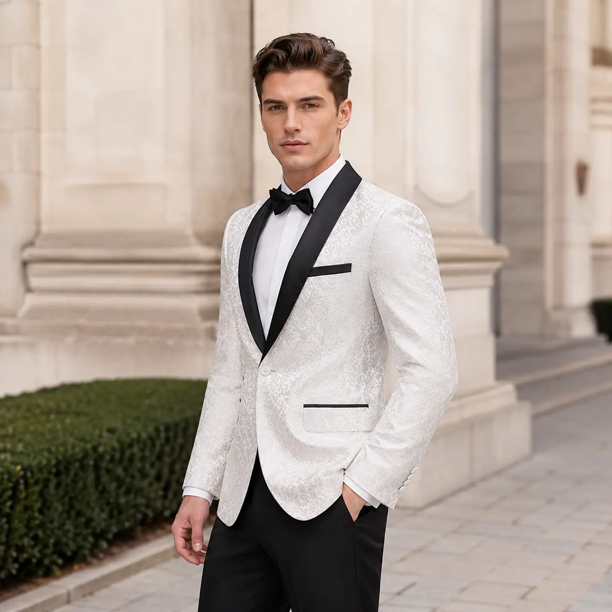 Men's Floral Jacquard Tuxedo Jacket Set - Slim Fit Fashion Black Full Length Woven Blazer with Satin Lapel, Matching Bow Tie, V-Neck, Buttons, Elegant Castle Texture, Polyester, XL, for Weddings, Proms, Dry Clean Only, Fitted