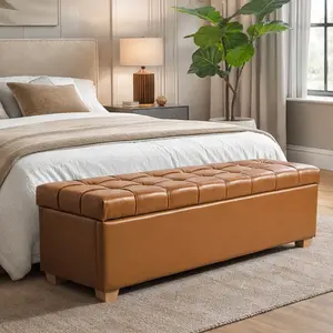 ARCH 60.2'' Wide Upholstered PU Storage Bench with Flip-Top, Tufted Accent Window Bench Footrest Ottoman with Legs for Living Room Bedroom Entryway Dining Room Dorm Corner, Brown/Gray Options, Brown/Gray Color Options, PU Material