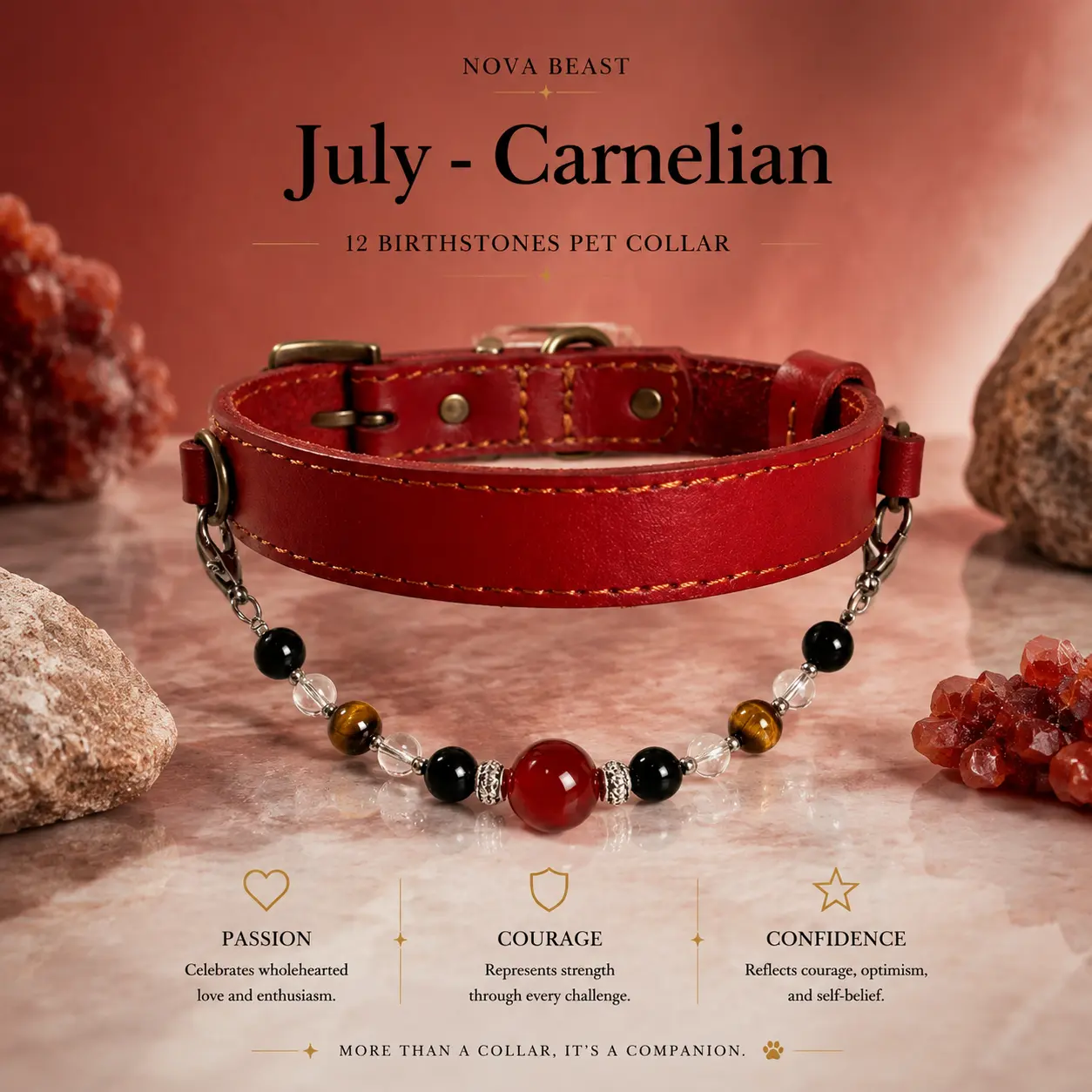 Pet Collar Gift | July. Birthstone that Carnelian Natural Crystal Stone For Puppy & Kitty Jewelry Necklace, Natural Stone
