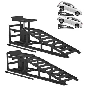 Pair of Red Heavy-Duty 5 Ton Low Profile Hydraulic Car Ramps, convenient lifting solution for auto oil changes, routine maintenance and vehicle service repair.