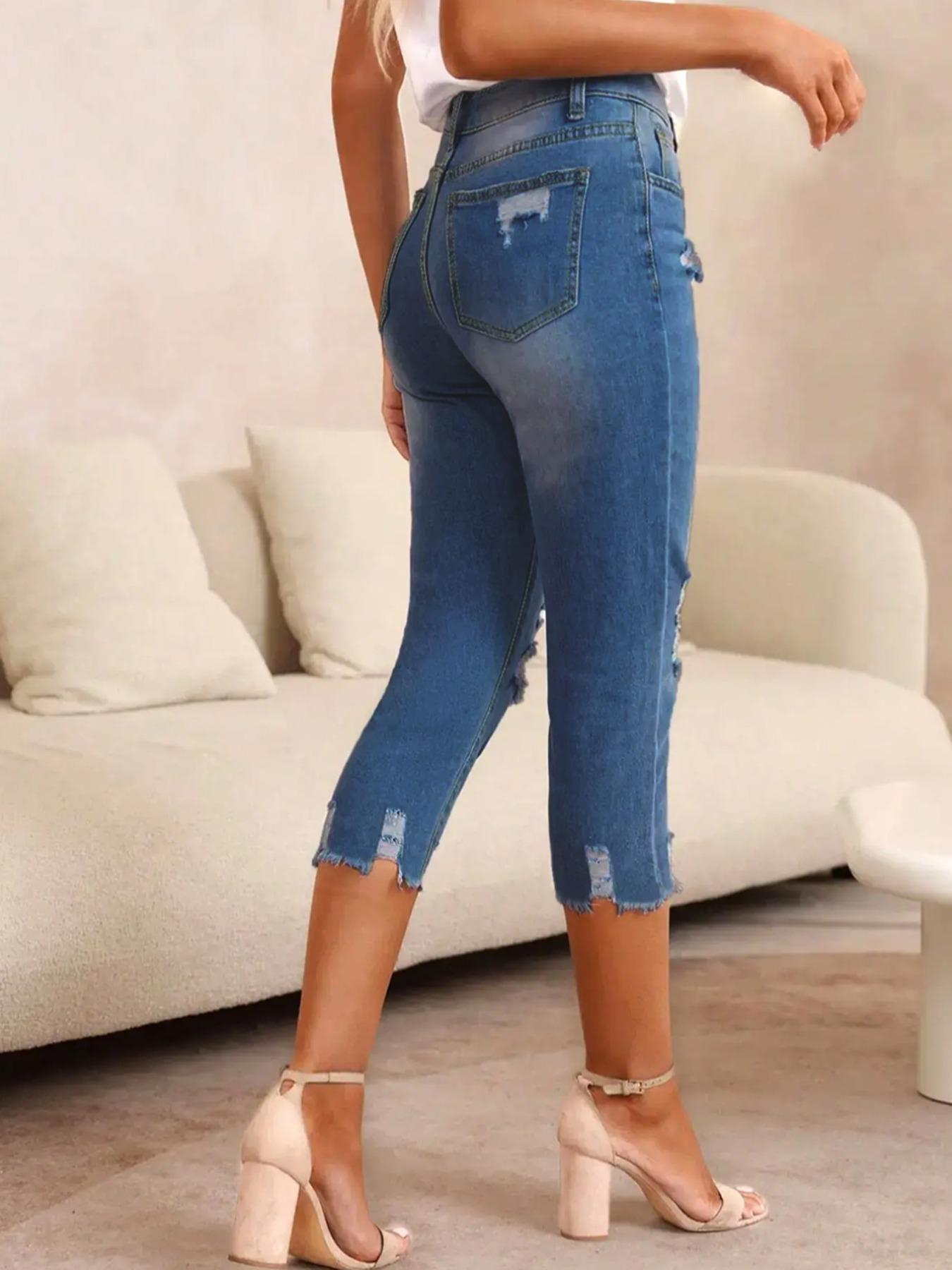 Women's Plain Ripped Raw Hem Skinny Jeans, Casual Pocket Button Cropped Capris Denim Pants for Summer, Capri Pants, Fashion Women's Denim for Daily Wear