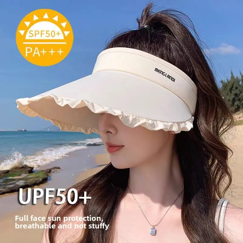 Summer Must Have UPF50+ Ruffled Wide Brim Sun Visor! Ponytail Friendly Lightweight UV Protection Open Top Hat for Beach Travel Golf Daily Walk