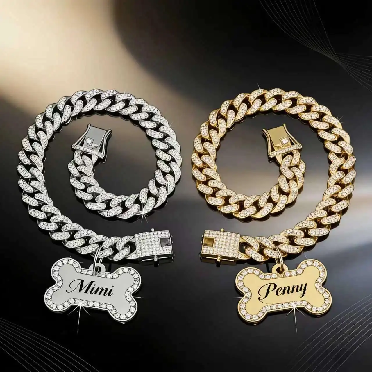 Trendy Hip-hop Pet Collar Cuban Chain Dog Chain Full Diamond Necklace Lock Buckle Rhinestone Bone Custom Pendant