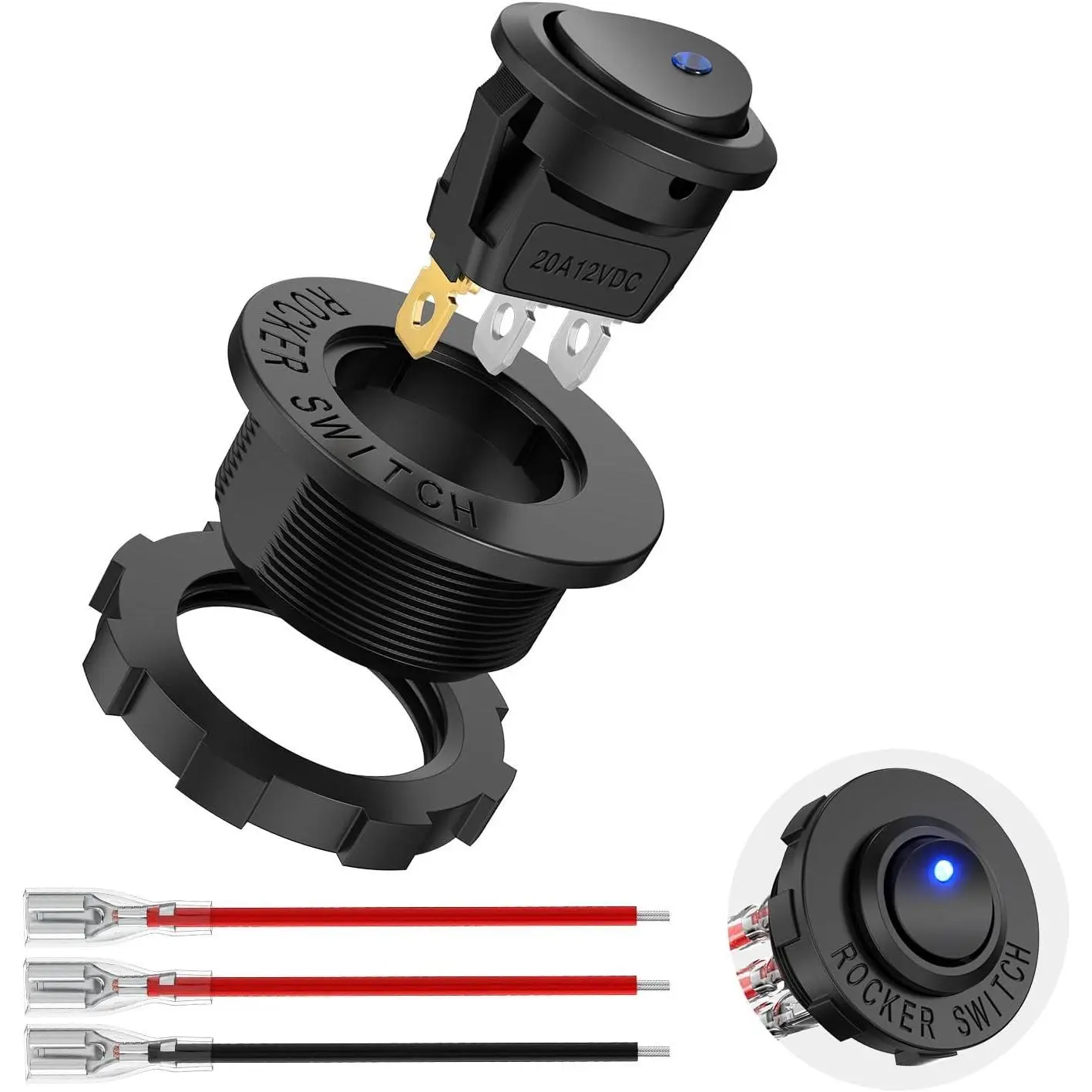 Nilight 1PC Round Rocker Switch with Shell, 12V-24V 20A Blue LED Toggle Switch, 16AWG Wires, SPST 3Pin 2 Position, Copper-Plated Silver Contacts, Easy Install for Car, Boat