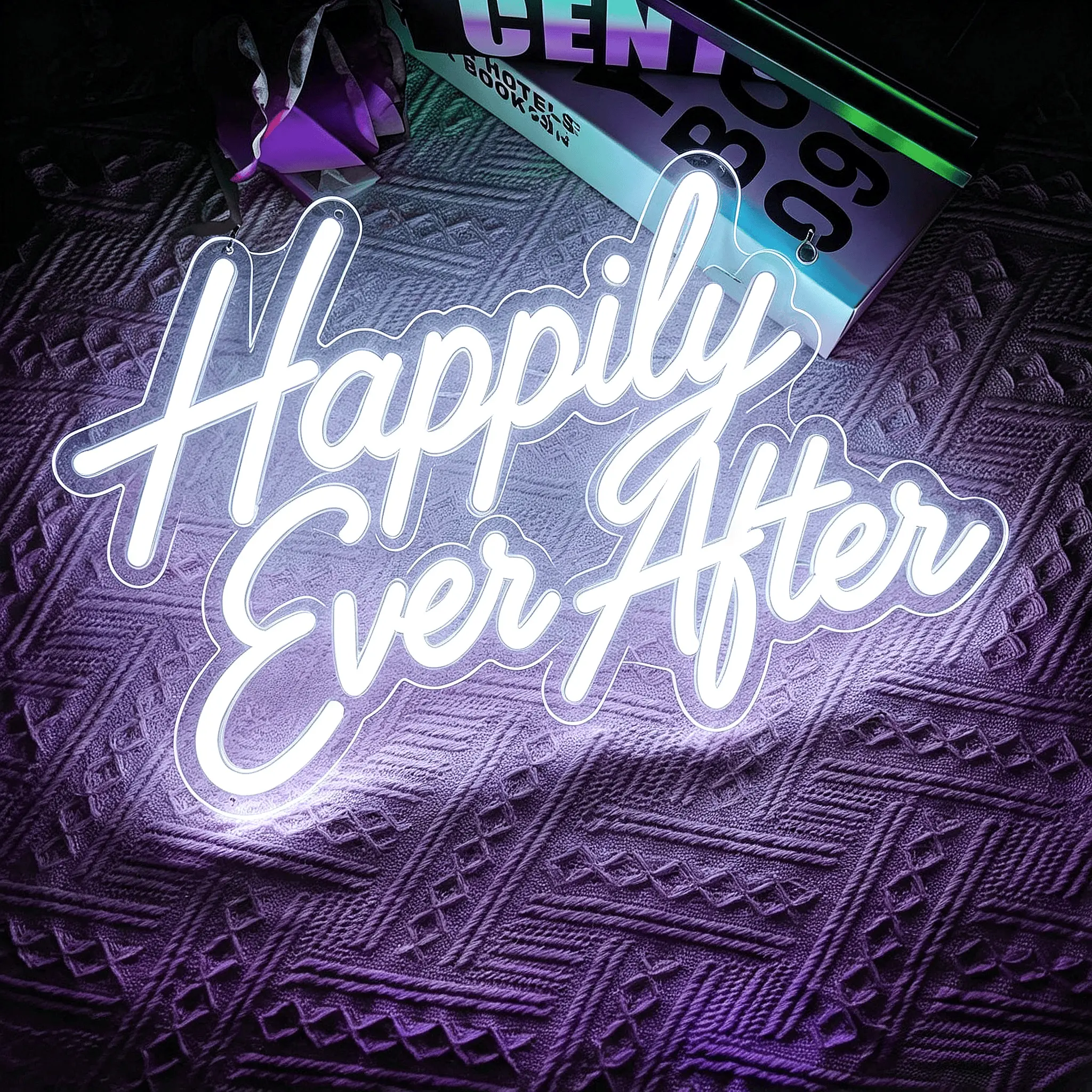 Dimmable Warm White "Happily Ever After" Neon Sign, Indoor Plastic Wall Decoration, Romantic LED Neon Light Wall Art, USB-Powered, Easy to Hang for Wedding Reception, Bedroom Backdrop, Photo Booth Decor