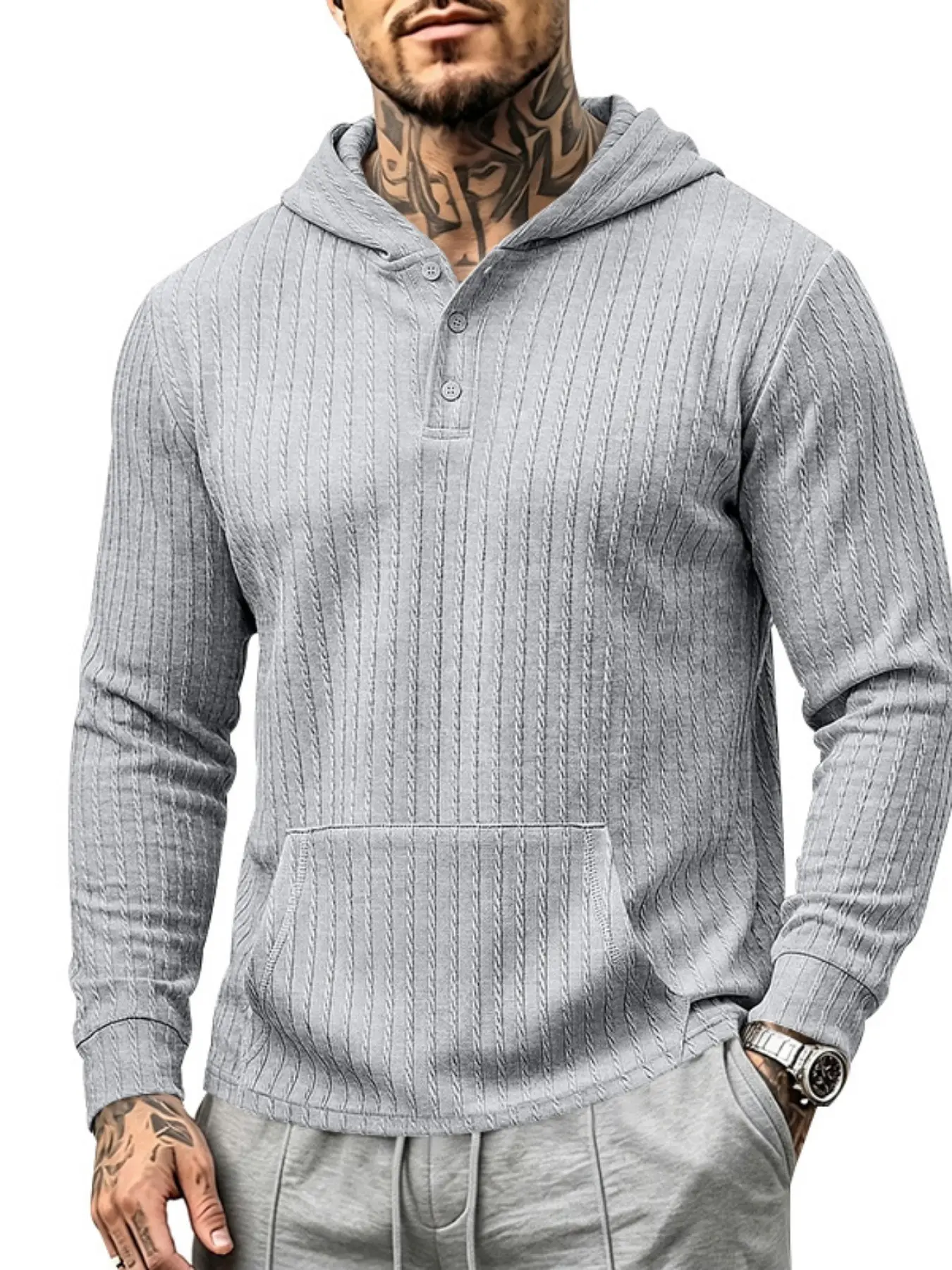 Men's Textured Henry Hoodie, Three-Button Half Open Neck Kangaroo Pocket, Soft Fabric, Casual Long Sleeve Shirt for Daily Wear