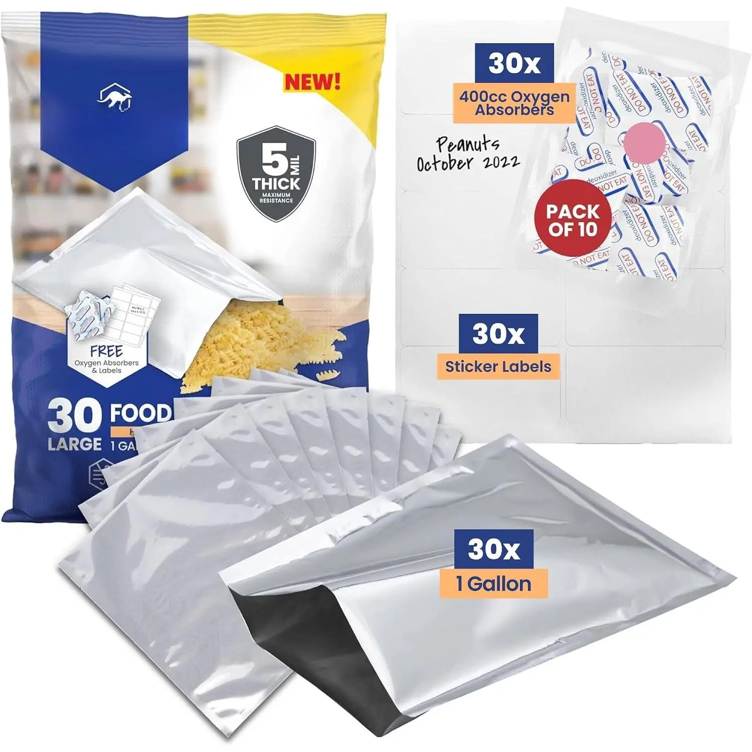 30 Count 1-Gallon Mylar Bags with 400cc  Absorbers, 10 Mil  Thickness Long-Term  Storage Pouches, 10x14 Heat-Sealable Airtight Packaging -