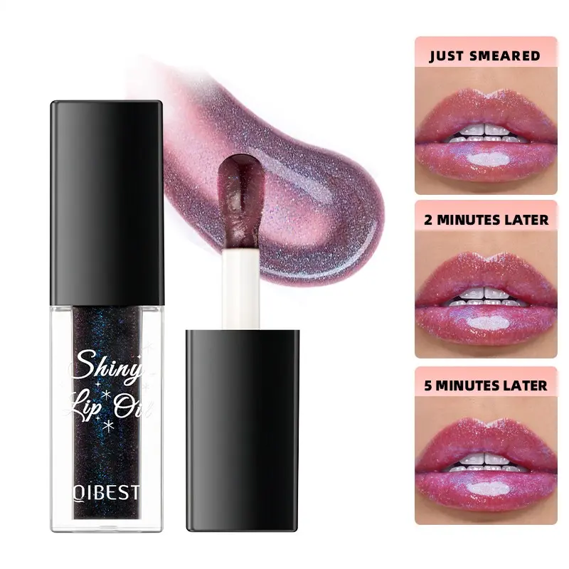 Black glitter color-changing lip oil, temperature-activated, black-to-pink moisturizing lip oil, long-lasting hydrating lip care