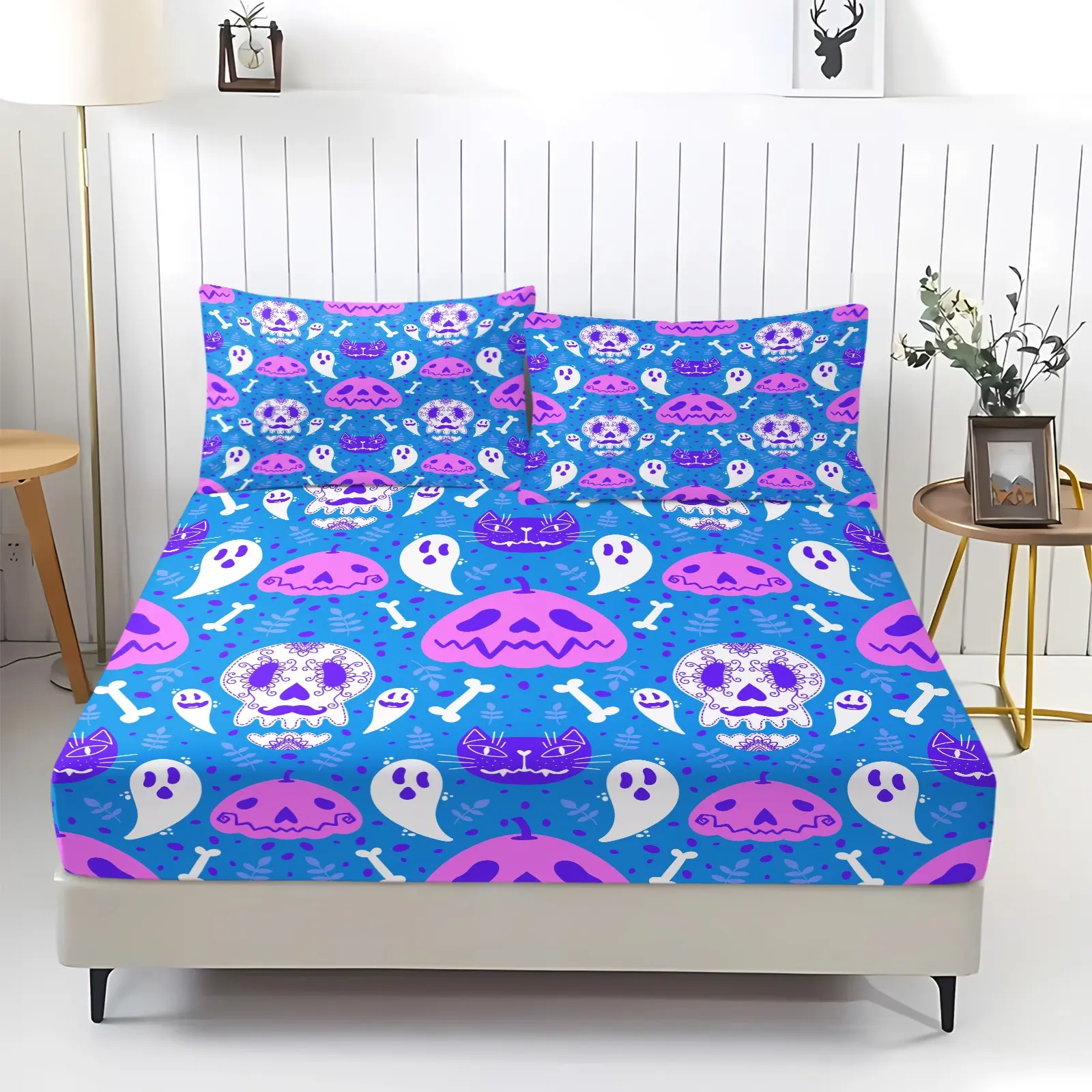Blue Background Purple Pink Halloween Fitted Sheet Set, 1 Piece Deep Pocket Full Elastic Bed Sheet, Cartoon Ghost Pumpkin Sugar Skull Black Cat Bone Print, Soft Lightweight Microfiber Machine Washable Bedding For Halloween Bedroom Decor