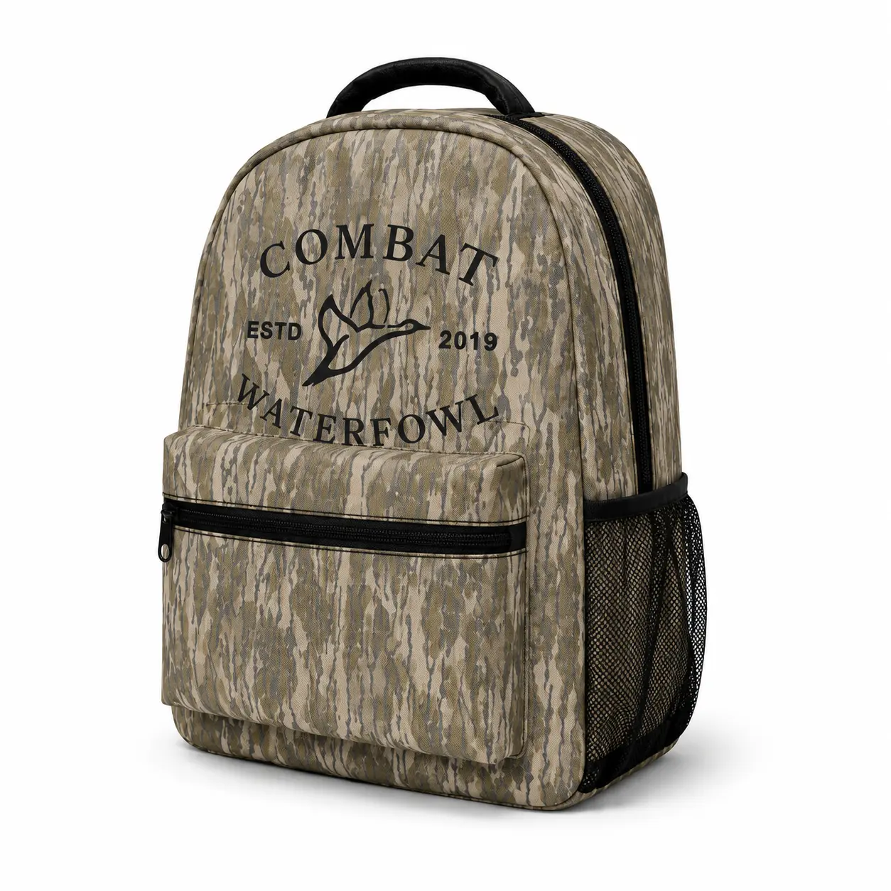 Tan Waterfowl Camo Backpack Duck Hunting Style School Bag for Mans Womens, Lightweight Student Bookbag with Side Mesh Pocket, Front Zipper Pocket and Top Handle, Outdoor Travel Daypack, Casual Daily Use Bag, Back to School Gift