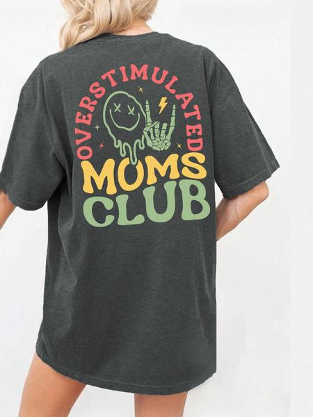 Women's Overstimulated Moms Club Round Neck Graphic Tee, Vintage Trendy Casual Short Sleeve T-shirt for Daily Wear, Ladies Summer Outfit, Top