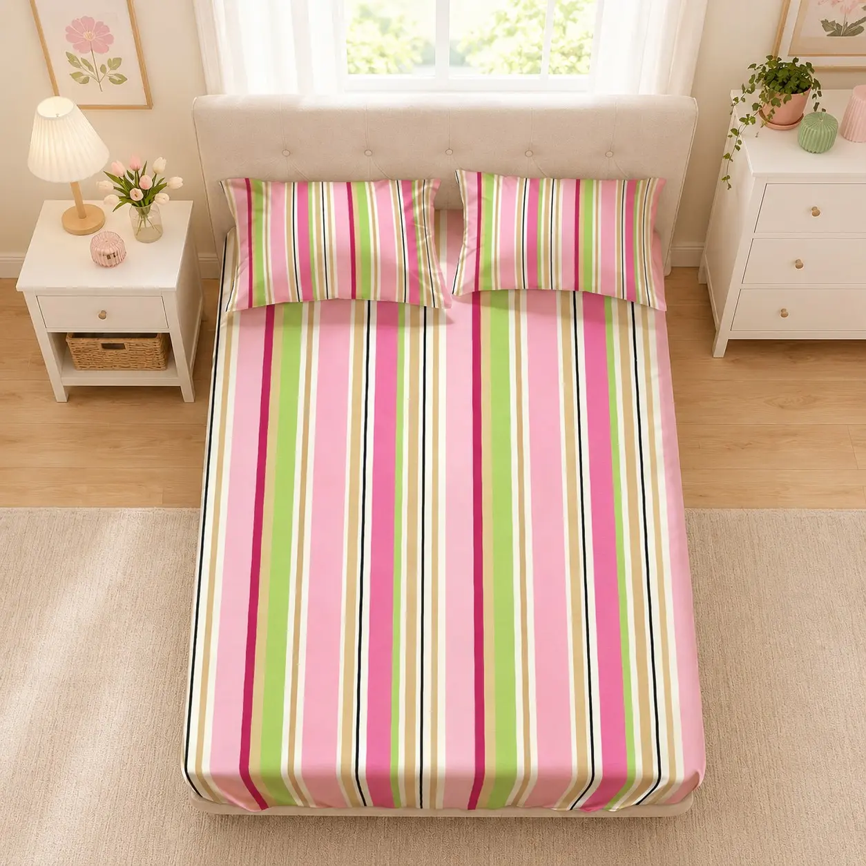 Macaron Stripe Printed Fitted Sheet 3 Piece Set, Includes 1 Fitted Sheet + 2 Pillowcases, No Pillow Inserts, Soft Breathable Microfiber Fabric, for Teen and Adult Bedrooms, Heartfelt Gift for Girls and Women