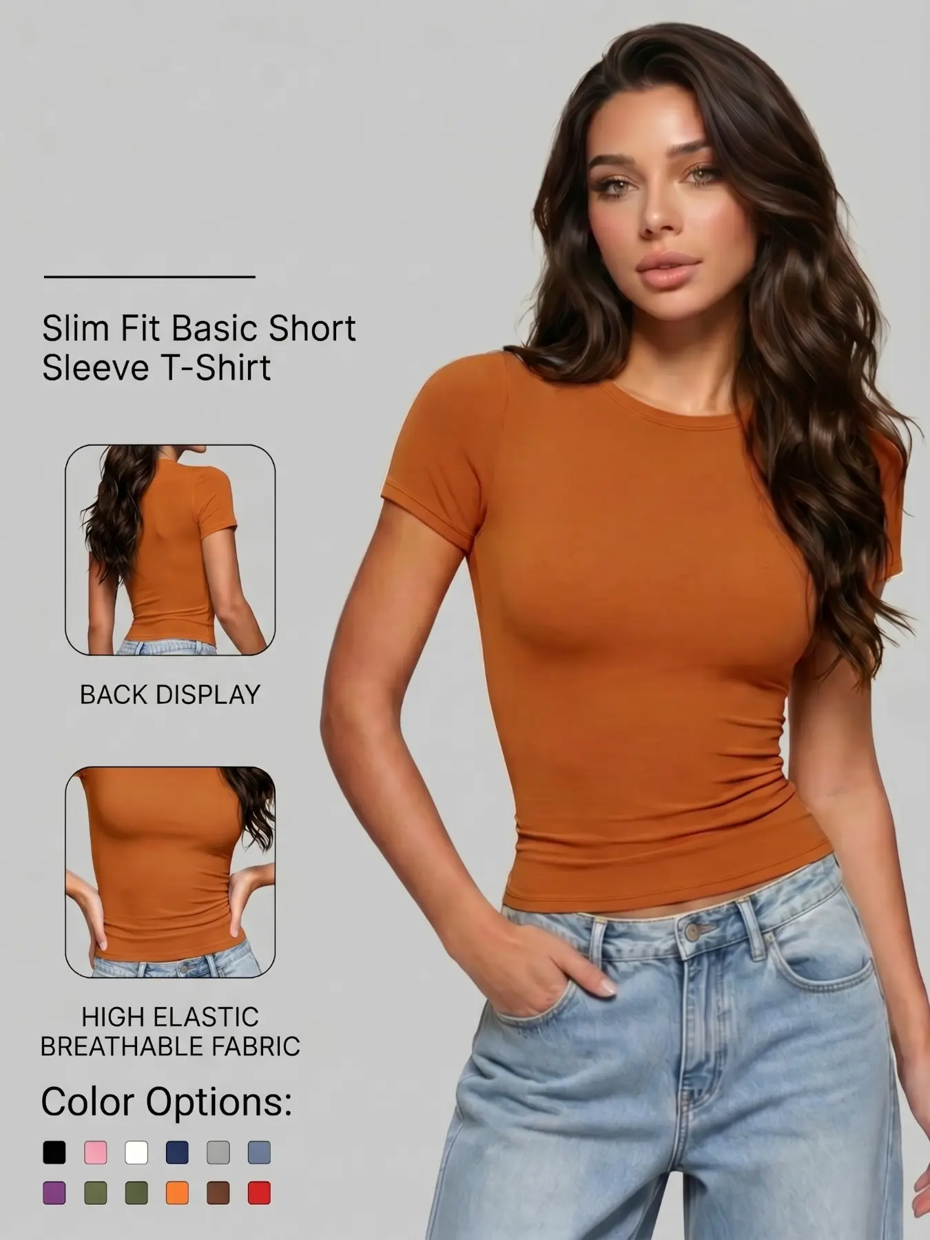 Women's Slim-Fit Basic High Stretch Plain Short Sleeve Top, Moisture-Wicking Sport T-Shirt, Casual Daily Wear, Comfortable Home & Summer