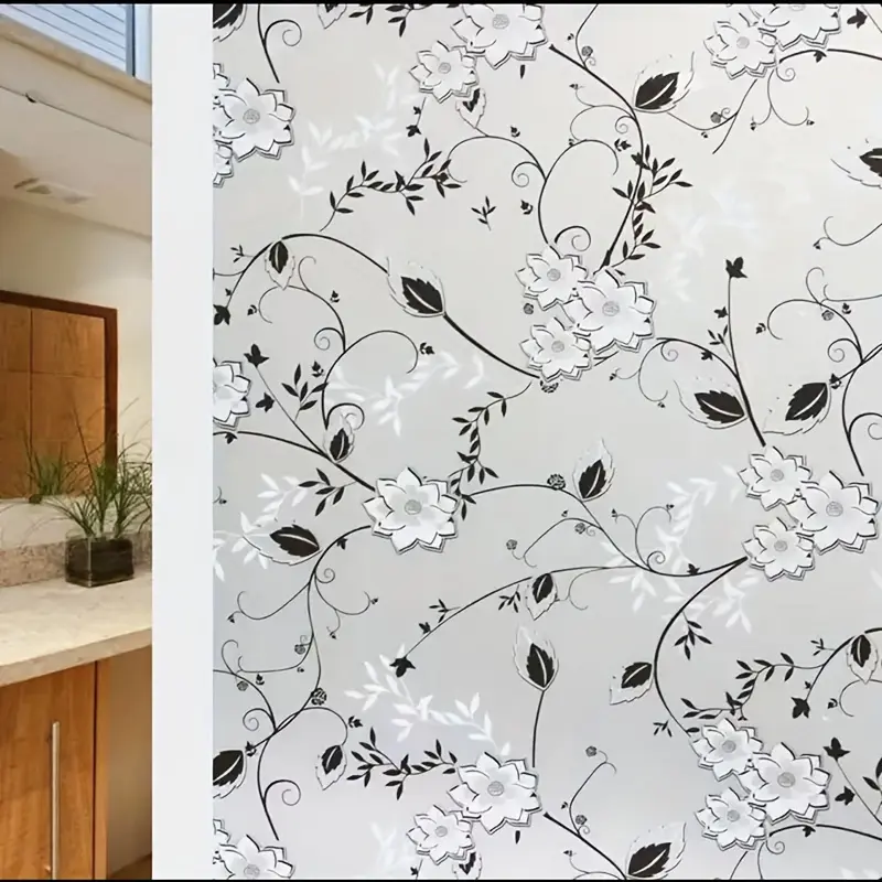 1 Roll Floral Pattern Decorative Window Privacy Film – Heat-Insulating, Blackout, Opaque Vinyl; 4-Mil Thick, Self-Adhesive; Suitable for Bathroom, Office, and Kitchen Windows and Walls – Cut-to-Size Home Decor