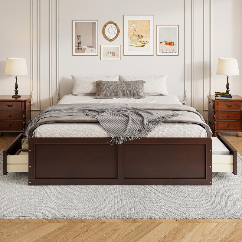 Bellemave Wood Queen Size Platform Bed Frame with 6 Drawers Espresso Sturdy Construction Solid Pine MDF Classic Design No Box Spring Required Easy Assembly