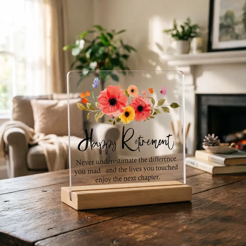 Acrylic sign with wooden base No electricity/battery required Perfect for retirement parties, farewell gifts for colleagues or bosses  Ready-to-use desk decor, office decoration, modern design style, durable ornament
