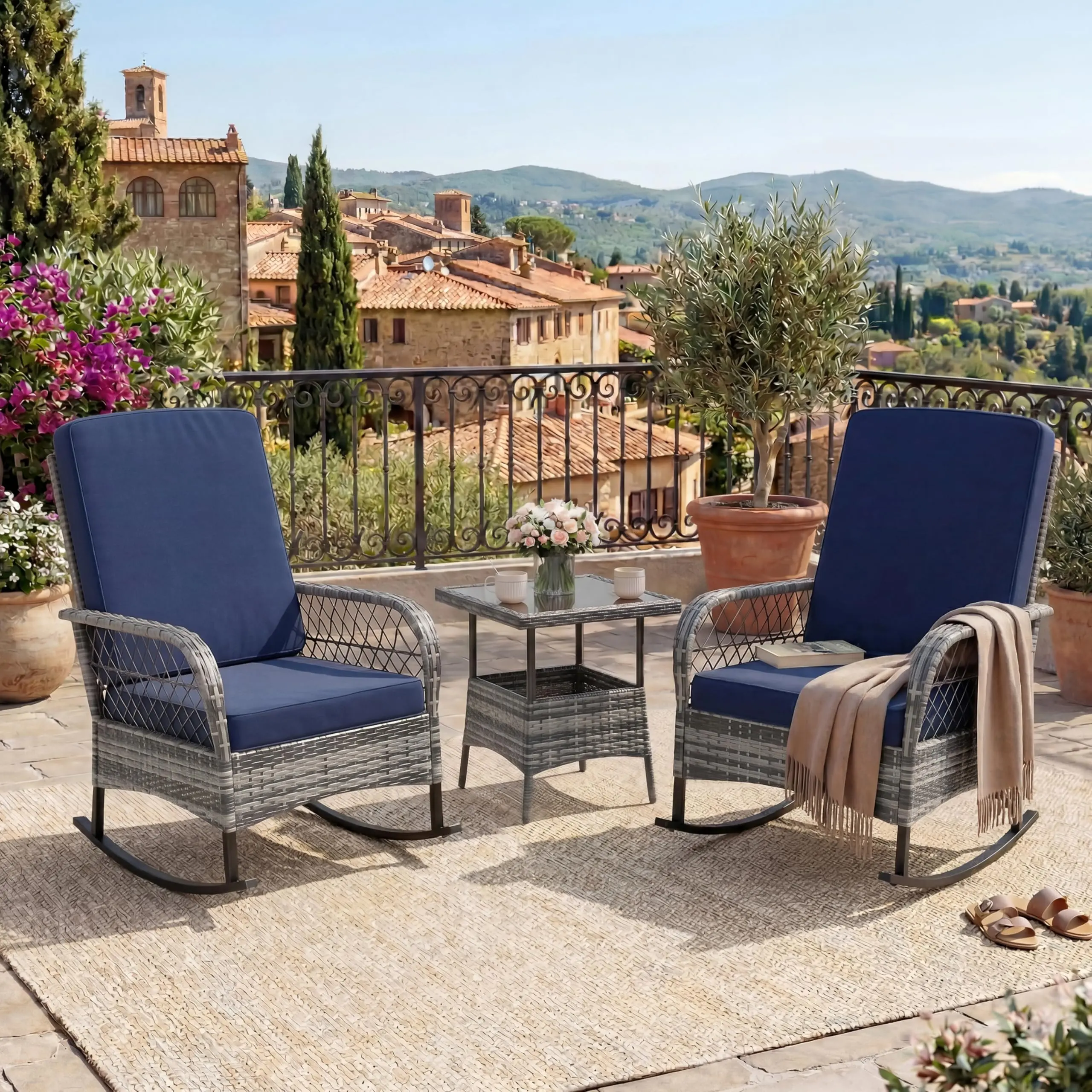 GARVEE 3-Piece Outdoor Wicker Furniture Set - 2 Rocking Conversation Chairs, Tempered Glass Table for Deck, Porch, Outdoor Furniture Set