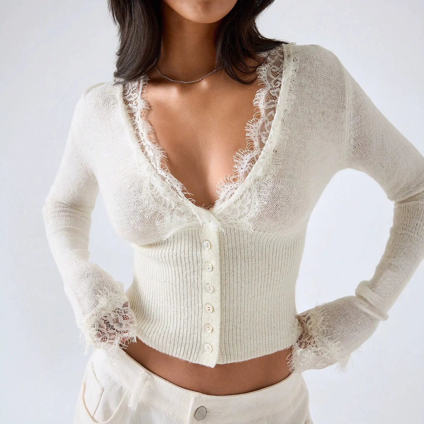 Women's Sheer Open Knit Lace Trim V-Neck Long Sleeve Cardigan, Slim Cropped Button Up See Through Mesh Top, Elegant Y2K Fall Winter Top for Date Street Daily Outfits