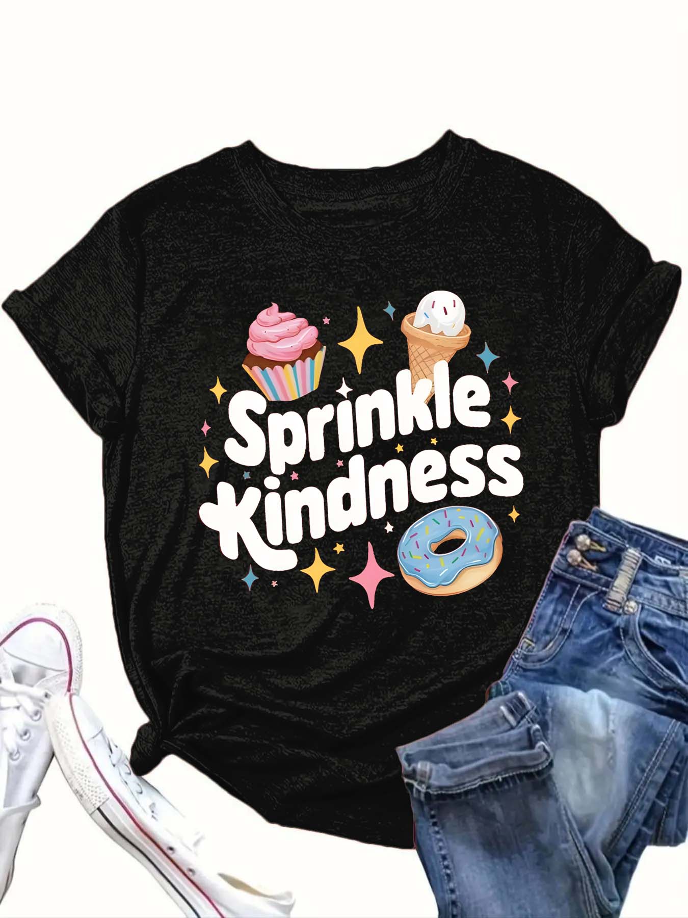 【Plus Size】 Cartoon Ice Cream & Letter Print Round Neck Tee, Casual Short Sleeve Crew Neck T-Shirt for Summer, Women's Clothing for Daily Wear