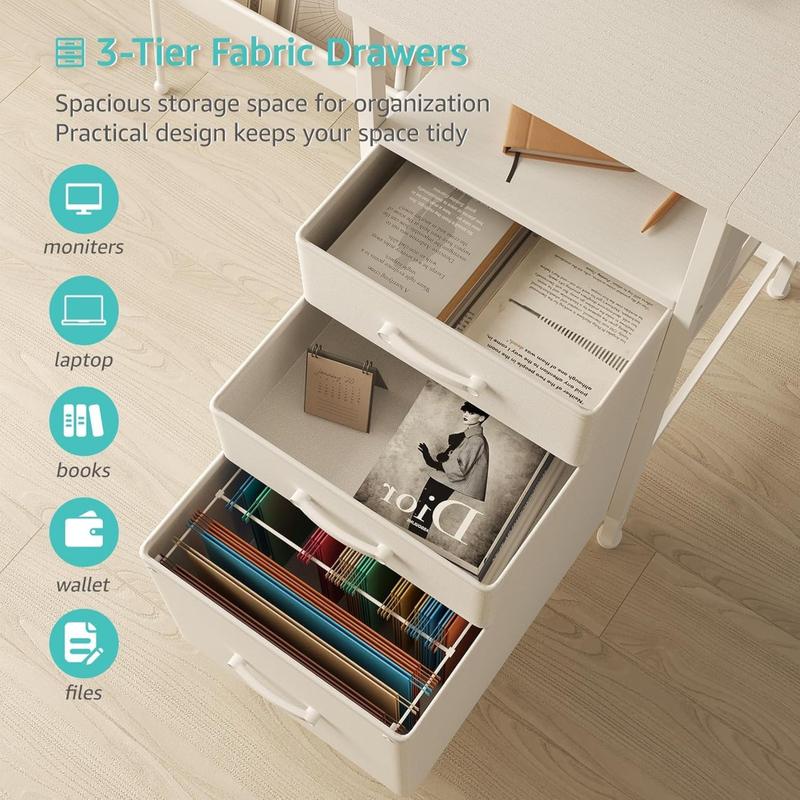 Lufeiya White Computer Desk with File Drawers Cabinet, 55 Inch Home Office Desk with Monitor Stand Shelves, Writing Study Gaming Desks with Led Lights and Power Outlets for Bedroom, White Adjustable Work Table, Get Free Gift