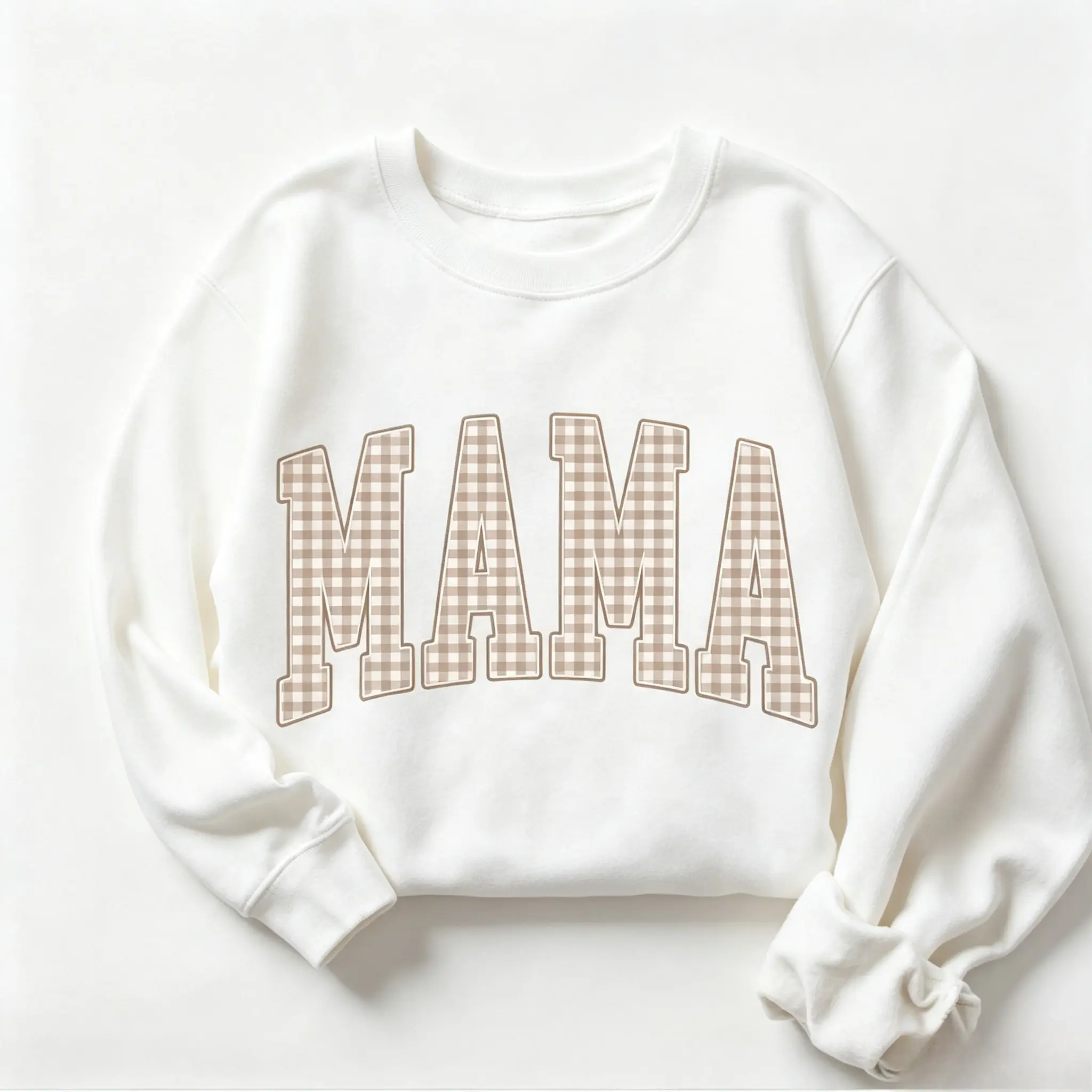 Women's Graphic Sweatshirt, Neutral Gingham MAMA Letter Crewneck, Casual Daily Mom Pullover, Mother’s Day Baby Shower Pregnancy Announcement Gift