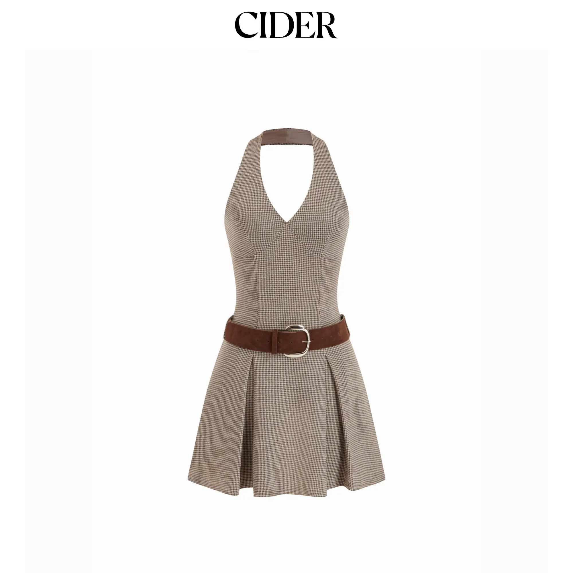 Cider Houndstooth Halter Neckline A-line Mini Dress With Belt SummerFinds