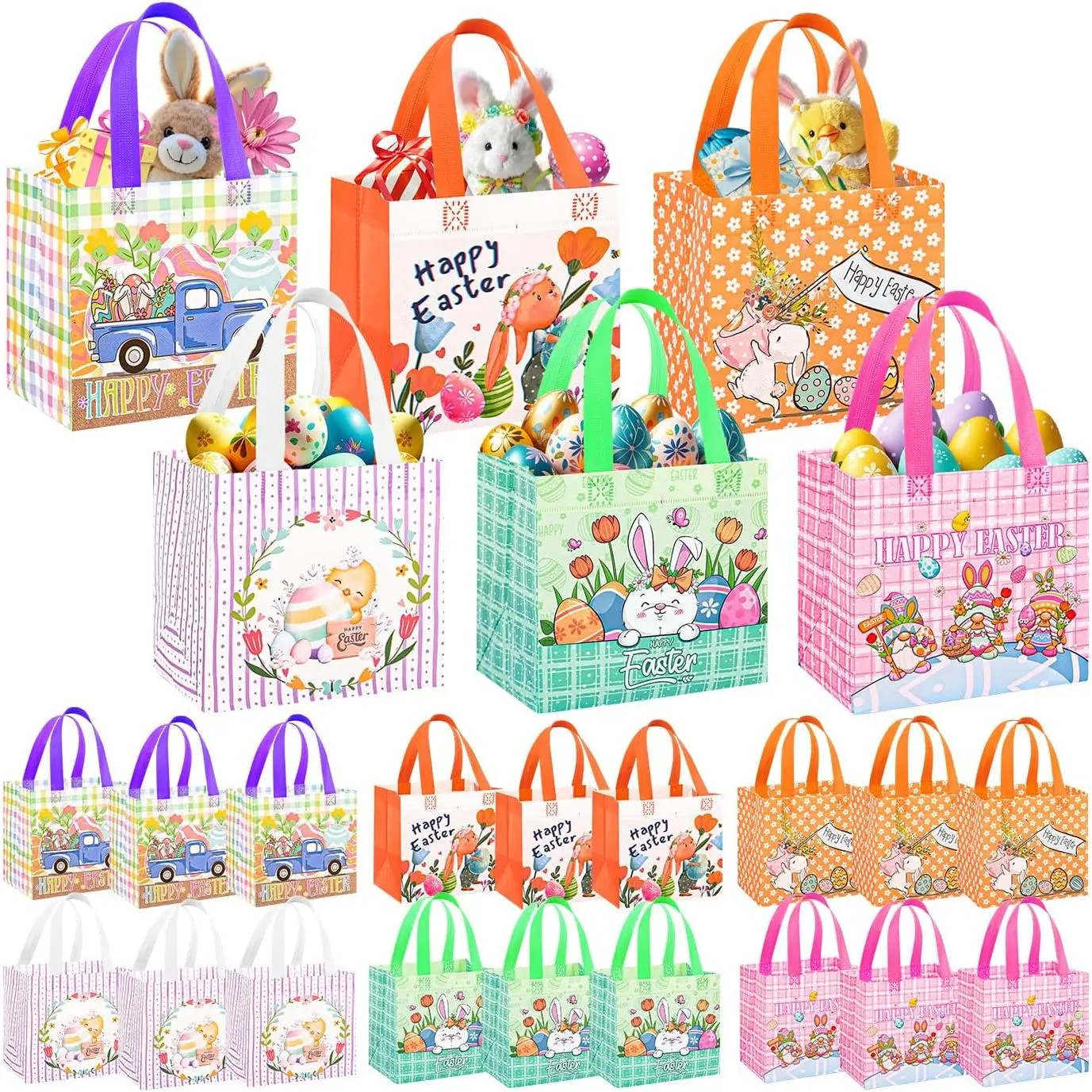 18 Pack Easter Bags with Handle,8.3×7.9×6inch Large Easter  Bags,  Egg hunt Baskets for ,Gifts Wrapping, Party Supplies, Basket Container