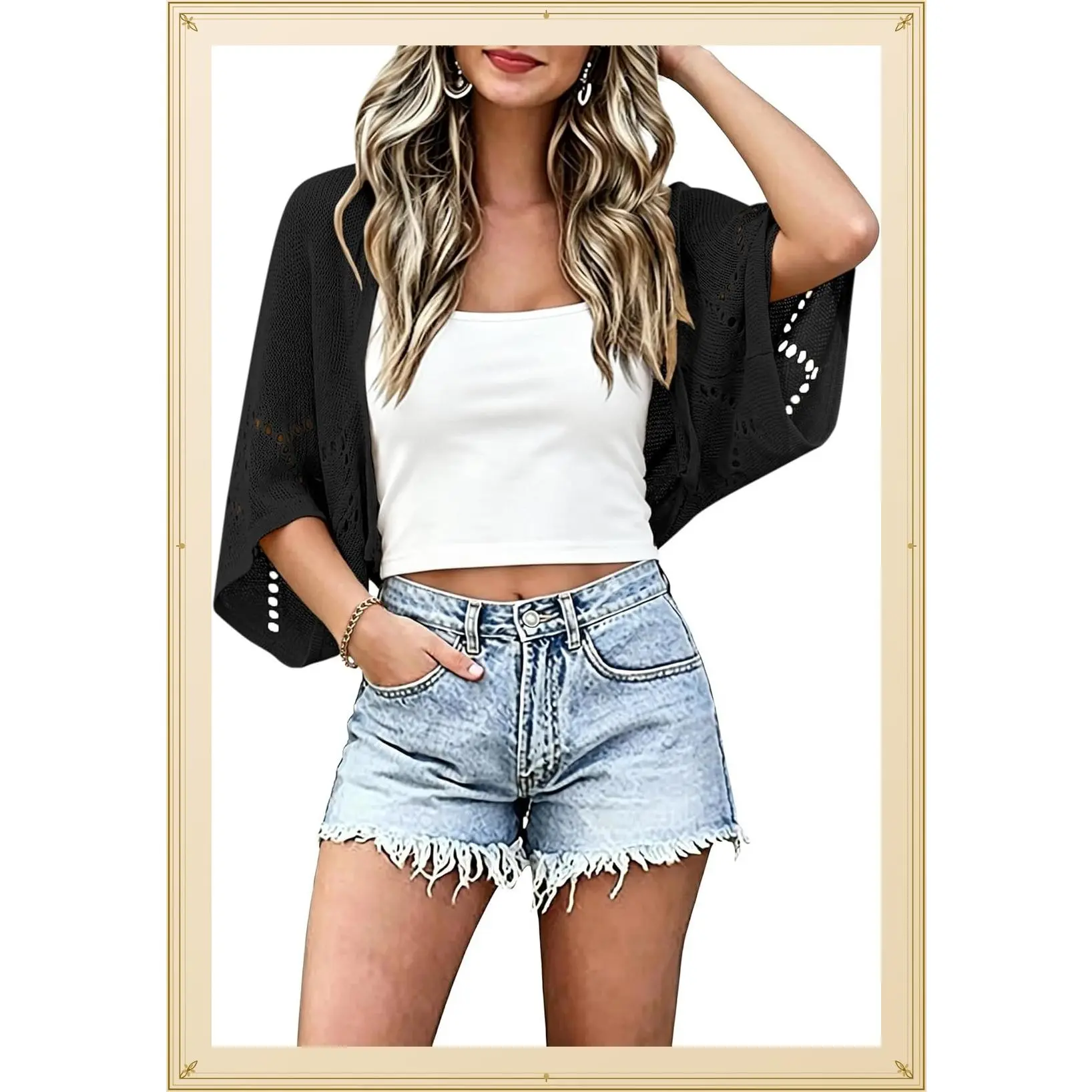 Women's Lightweight Crochet Batwing Short Sleeve Cardigan Shrug, Z Pattern Hollow-Out Open Front Bolero Sweater, Knit Arm Cover Up for Dresses, Tank Tops and Vacation OutfitsGift
