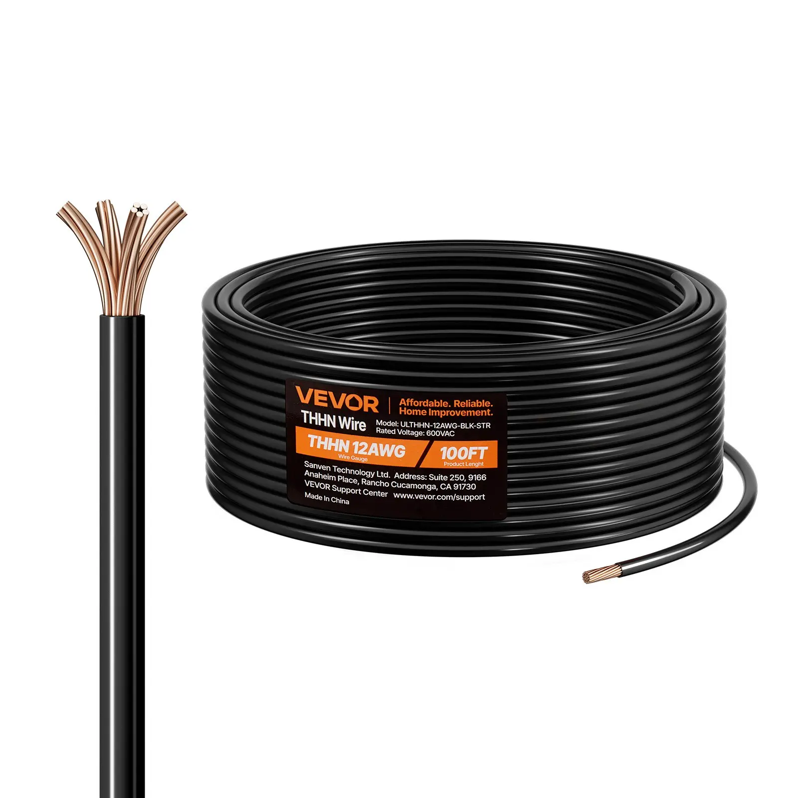 VEVOR 12 AWG THHN Oxygen-Free Cu (OFC) Electrical Building Wire, 19-Stranded 100ft Nylon-Jacketed Dual Insulation Wire, 600V Rated, for Indoor-Outdoor Commercial/Residential Use, Black, Efficient Power Transfer