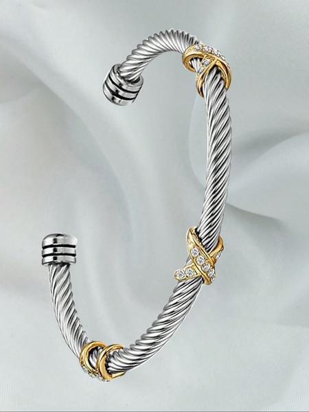 Women's Adjustable Stainless Steel Twisted Cable Bracelet with Zirconia Stones, Casual Cross Color Design, All Season Jewelry Accessory