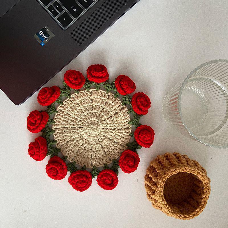 Rose Crochet Coasters with Plant Pot Handmade Knitted Flower Bouquet Coaster Coffee Table Cupmat Placemat Home Office Decor