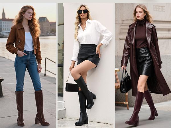 Athlefit Knee High Boots for Women Square Toe Platform Chunky Heel Stretchy Tall Boots with Side Zipper