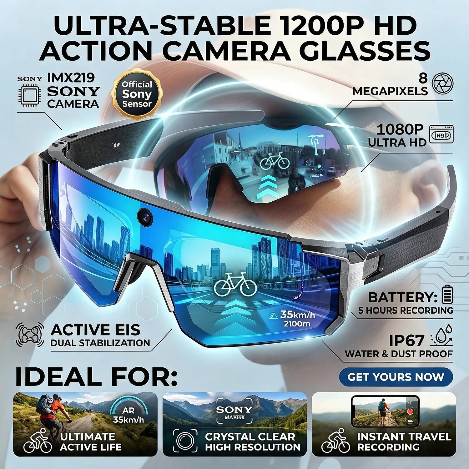 Ai Smart Glasses with Chatgpt, 1080P Camera, 8mp Anti-Shake, Cycling Video & Photo, Sport Sunglasses, Dual Mic, Windproof Goggles