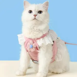 Rabbit harness and horsehide set suitable for small pets, cute pink lace princess vest with breathable mesh, adjustable anti escape walking horsehide, suitable for rabbits, kittens, ferrets, and puppies