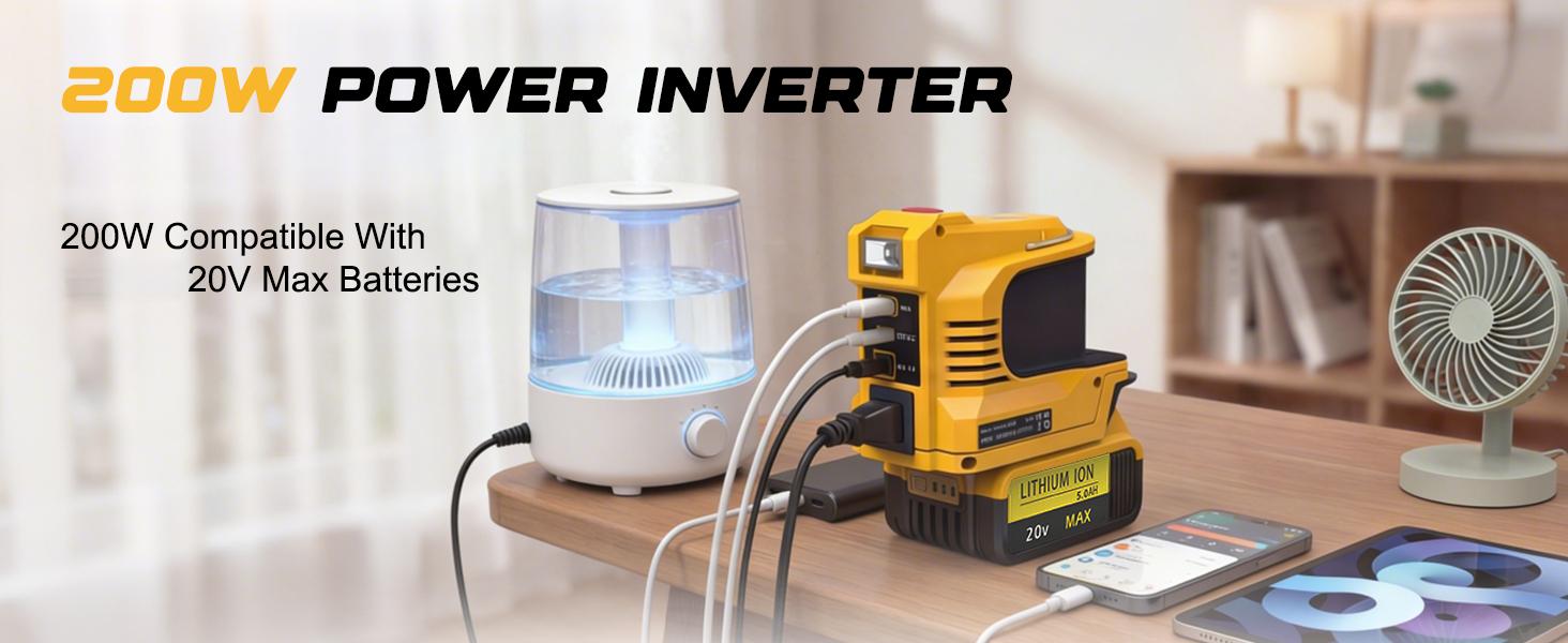 200W Portable Power Inverter  20V Battery,DC 20V to AC 120V Portable Power Station with 1 USB Ports & 1 Type-C Fast Charging, 200LM LED,Camping & Emergency Use