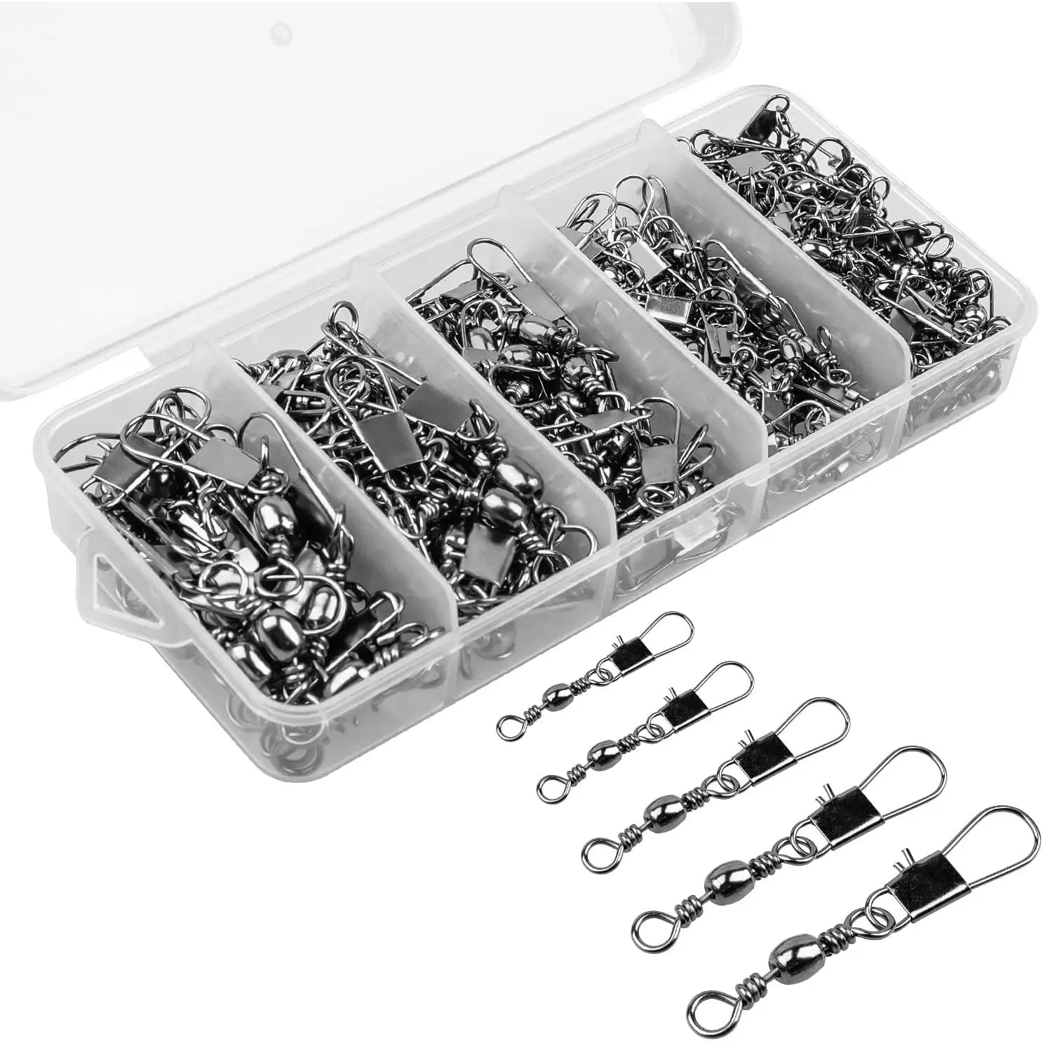 200 count Fishing Rolling Ball Bearing Barrel Swivel with Safety Snap Connector Fishing Accessories #2#4#6#8#10