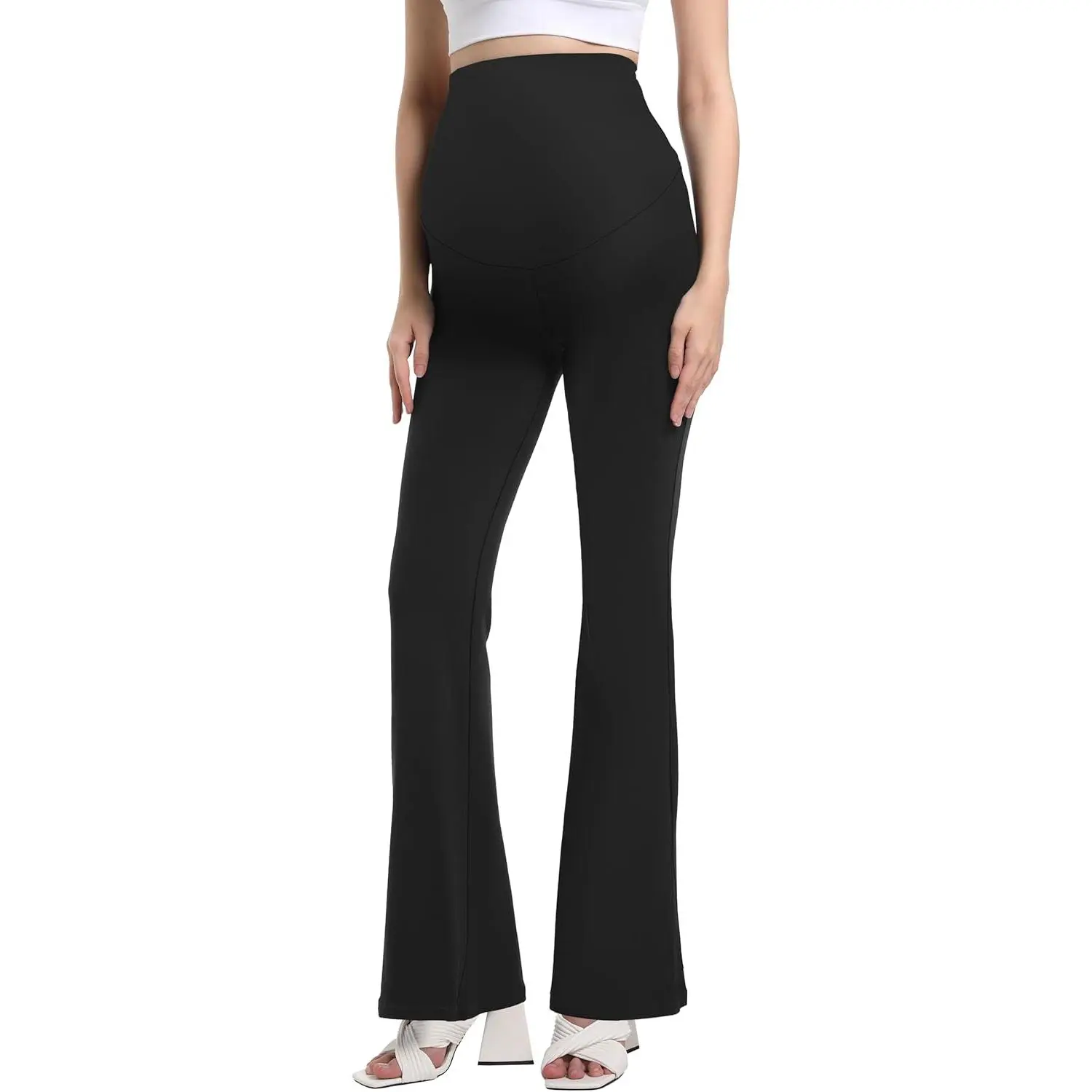 Women's High-Waisted Maternity Flare Leggings - Over The Belly Bootcut Bell Bottom Pants for Dancing, Work, Shopping, Sleeping, Lounge Yoga, High Waisted Pants, Daily Wear, Over-Bump Fit, Polyester Spandex, Pregnancy Maternity Clothing & Accessories