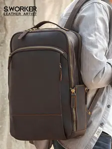 S.WORKER Vintage Genuine Leather Backpack Laptop Bag Casual Crazy-horse Leather School Bag Outdoor Travel Weekender Bag