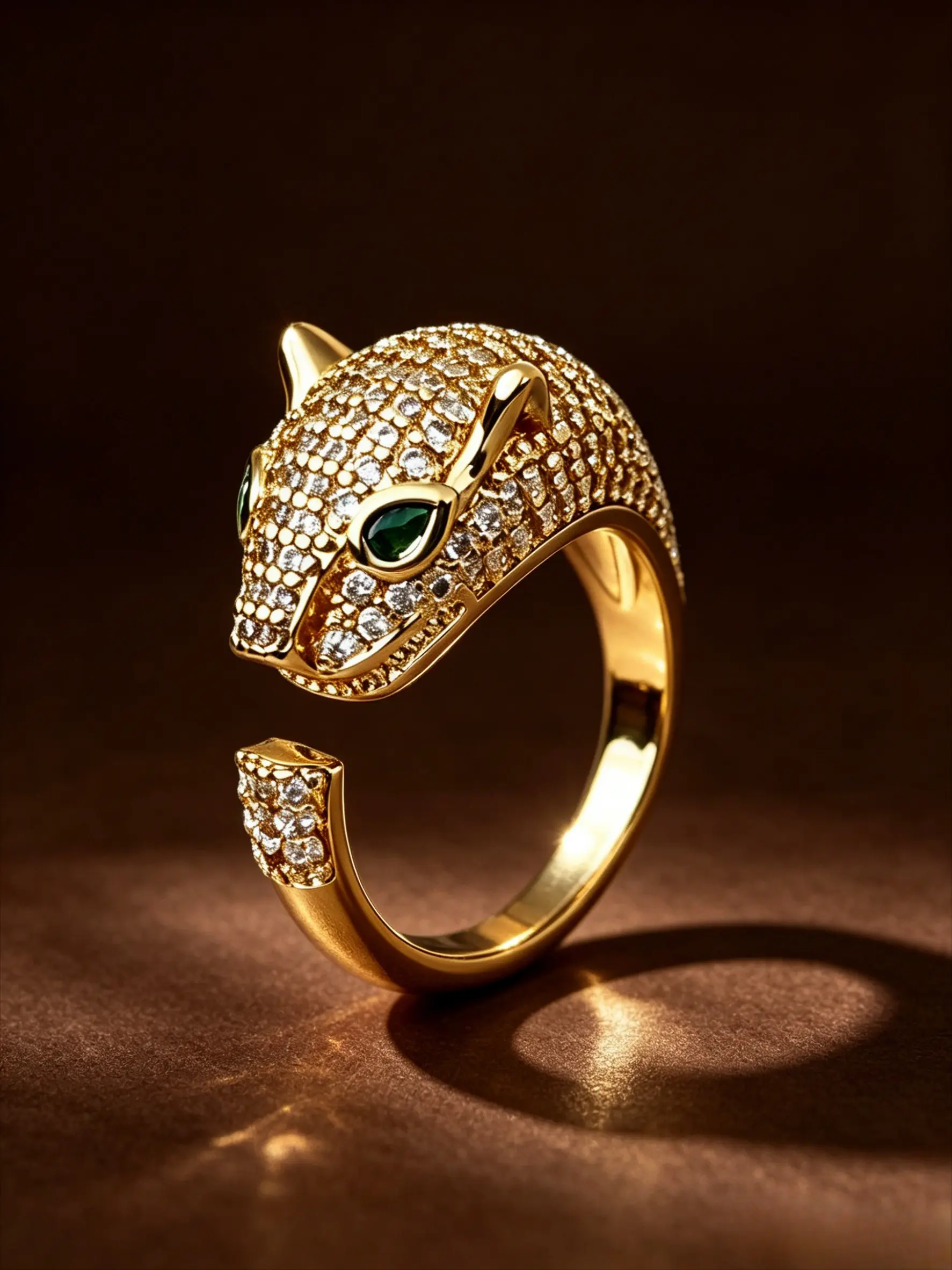 Adjustable Open Cuff Panther Head Ring, Full Paved Cubic Zirconia Leopard Ring With Emerald Green Eyes, Gold Silver Two Tones Available, Tarnish Resistant Hypoallergenic Luxury Statement Animal Ring Gift For Men Women