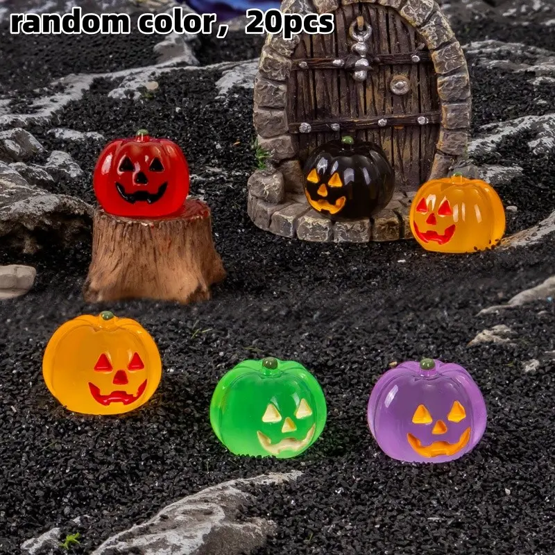 20pcs Resin Night Glow Mini Pumpkin Decorations, Creative Realistic Pumpkin Statues, Garden Micro Sculptures, Halloween Thanksgiving Fall Decor
