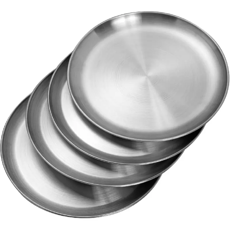 Stainless Steel Plates 10 inch 4 Pcs Metal Dinner Dishes Plate Set| Reusable Unbreakable Lightweight Non-Toxin Dishwasher Safe BPA Free Dish Set for Home Kitchen BBQ Restaurant Outdoor Campingkb