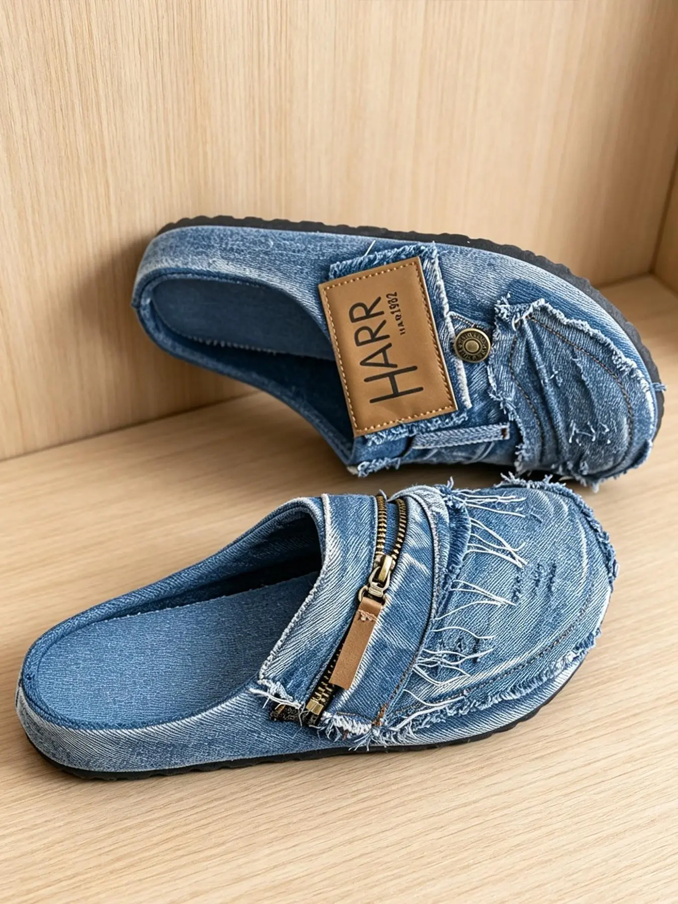 Men Vintage Washed Denim Closed Toe Mules, Distressed Fringe Raw Edge & Metal Zipper Decor Slip On Slippers, HARR Leather Label Non-Slip Flat Slides, Casual Streetwear Footwear For Outdoor Walking Indoor Home Daily Commute