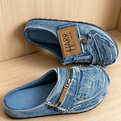 Sizes Run Small, Men's Wide-Toe Vintage Washed Denim Mule Slides, Distressed Frayed Tassels and Metal Zipper Details, Easy Slip-On Slippers, Versatile Street-Style Casual Mules for Home, Outdoor and Commuting Wear, Footwear