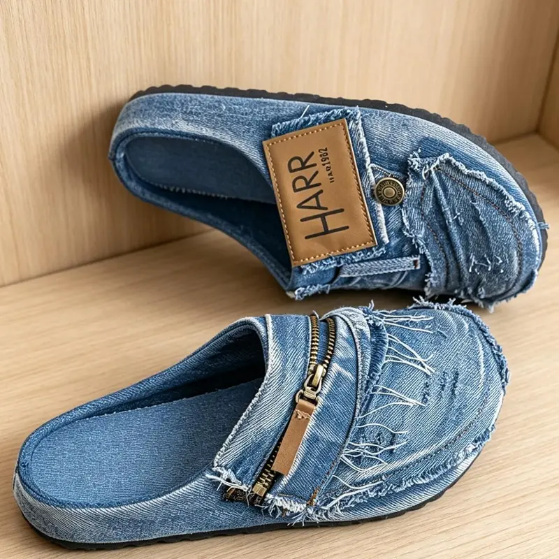 Sizes Run Small, Men's Wide-Toe Vintage Washed Denim Mule Slides, Distressed Frayed Tassels and Metal Zipper Details, Easy Slip-On Slippers, Versatile Street-Style Casual Mules for Home, Outdoor and Commuting Wear, Footwear