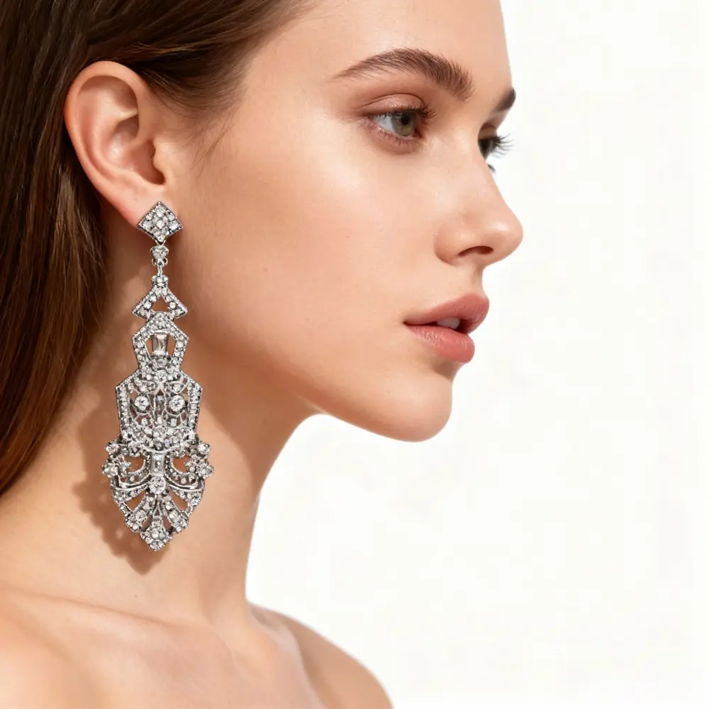PESENAR 1920s Style Art Deco Silver-Tone Crystal Drop Earrings Sparkling Ear Jewelry for Flapper Costume Great for Role-play and Cosplay